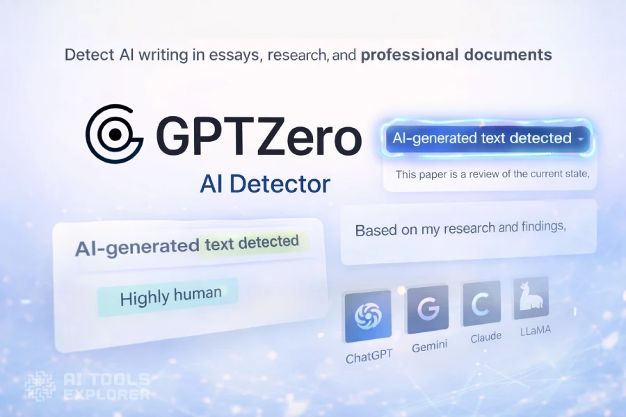 Featured image showing the GPTZero logo on a blue gradient background with interface-style elements indicating AI-generated text detection, highlighting analysis results for human versus AI-written content and supported AI models.