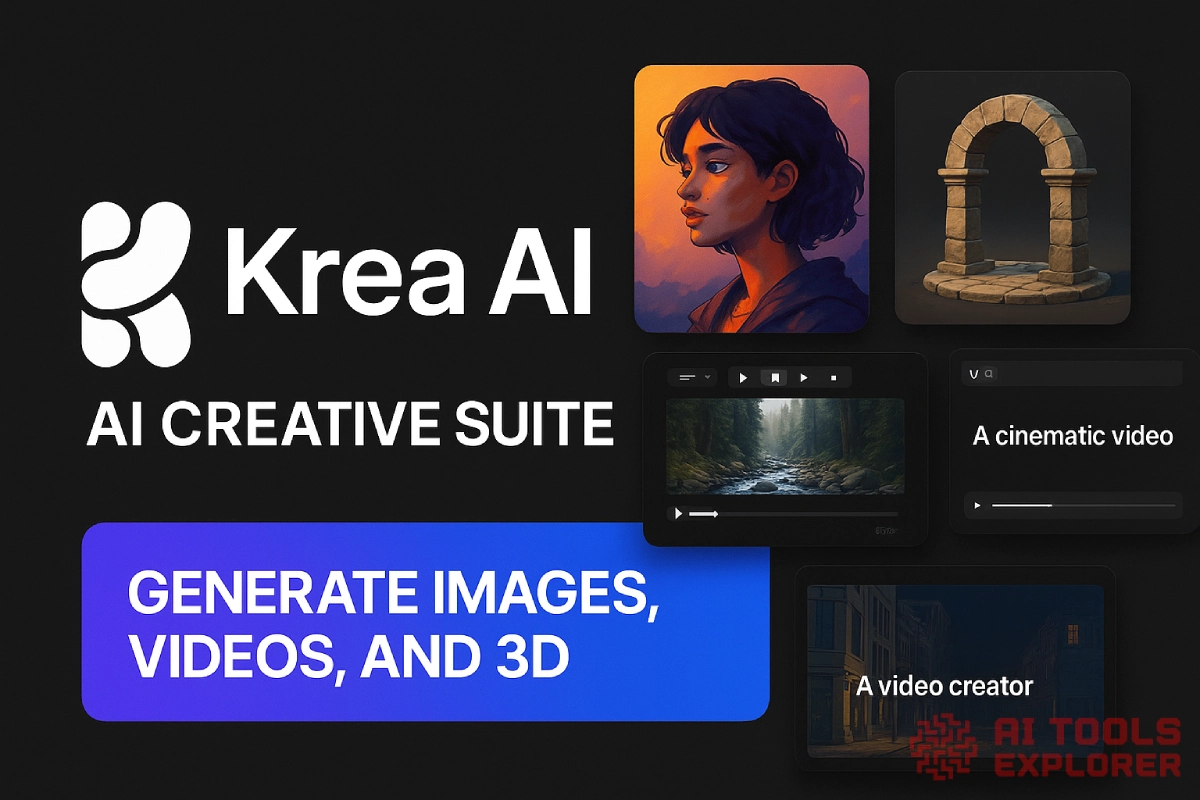 Krea AI logo on a dark background with bold white text reading “Krea AI AI Creative Suite”; to the right, a stylized portrait of a woman, a 3D stone archway, a video player showing a forest river, and a city street scene labeled “A video creator”; overlay text includes “A cinematic video” and a blue-purple gradient banner with “Generate Images, Videos, and 3D” in all caps.