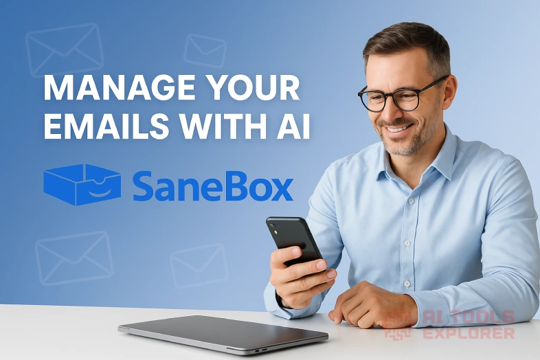A smiling man in a light blue shirt and glasses sits at a desk, holding a smartphone with a closed laptop in front of him. The background is a smooth blue gradient with faint envelope icons scattered across it. On the left, bold white text reads “MANAGE YOUR EMAILS WITH AI”, with the SaneBox logo and name below in blue, promoting software to manage emails in a clean, modern, and professional style.