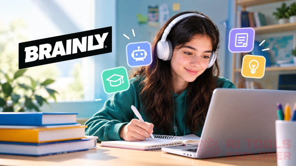 Brainly logo a smiling student with headphones, looking at a laptop and taking notes.