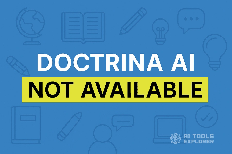 Blue educational-themed background with simple line icons of books, pencils, globes, speech bubbles, and lightbulbs, featuring bold white text that reads "DOCTRINA AI" and bold black text on yellow background reading "NOT AVAILABLE".