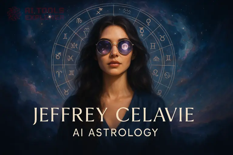 Realistic digital illustration of a mystical woman with cosmic sunglasses and astrological symbols, promoting Jeffrey Celavie AI Astrology with a dreamy, spiritual atmosphere.