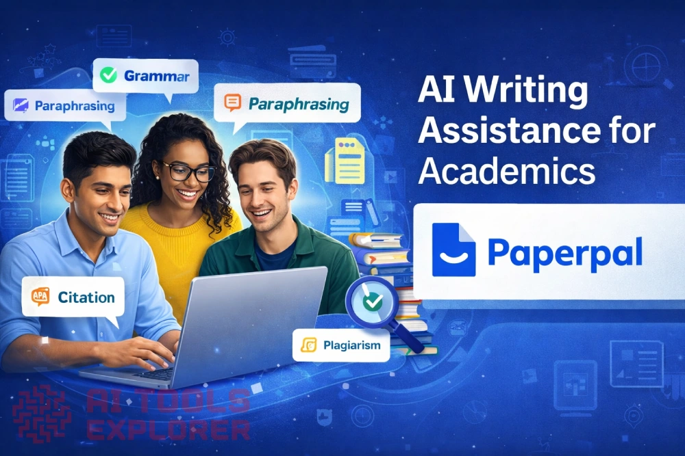 Illustration of three academics collaborating on a laptop, surrounded by icons for grammar, paraphrasing, citation, and plagiarism, with the Paper pal logo and the text “AI Writing Assistance for Academics” on a blue background.
