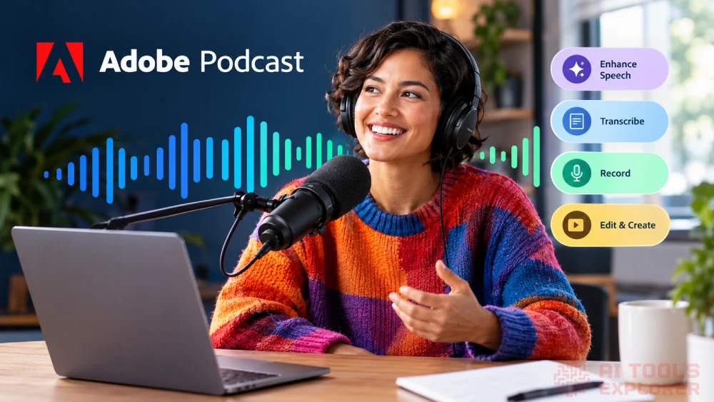 Adobe Podcast logo and title beside a smiling woman wearing headphones speaking into a studio microphone, colorful audio waveform, laptop, and feature labels for Enhance Speech, Transcribe, Record, and Edit & Create.