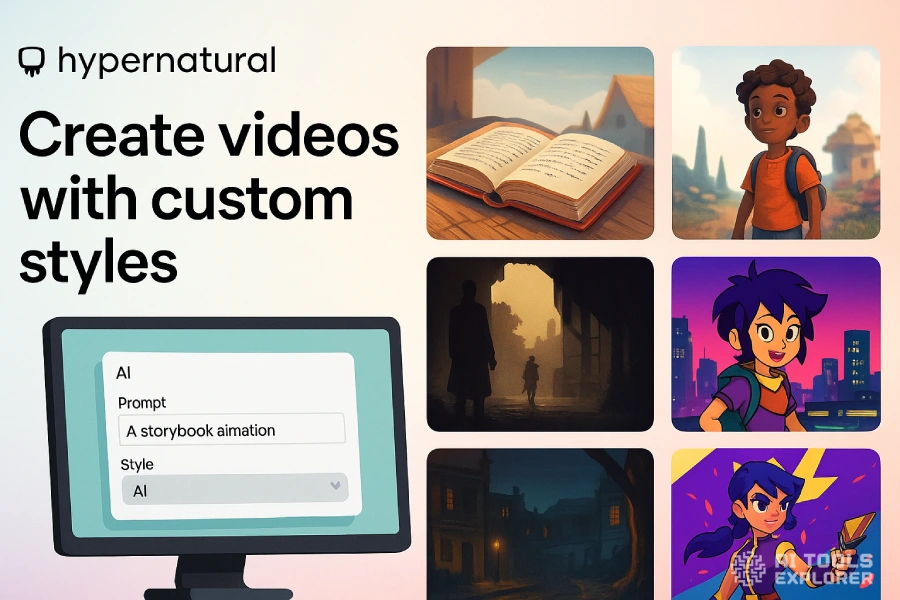 Hypernatural AI promo with logo, UI mockup, and six animated style previews including storybook, 3D, noir, anime.