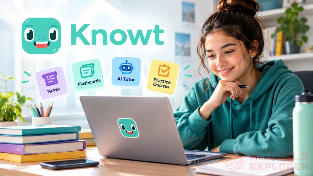 Knowt logo beside floating study cards labeled “Notes,” “Flashcards,” “AI Tutor,” and “Practice Quizzes,” with a smiling student studying on a laptop at a desk surrounded by books, stationery, a notebook, plants, and a water bottle.