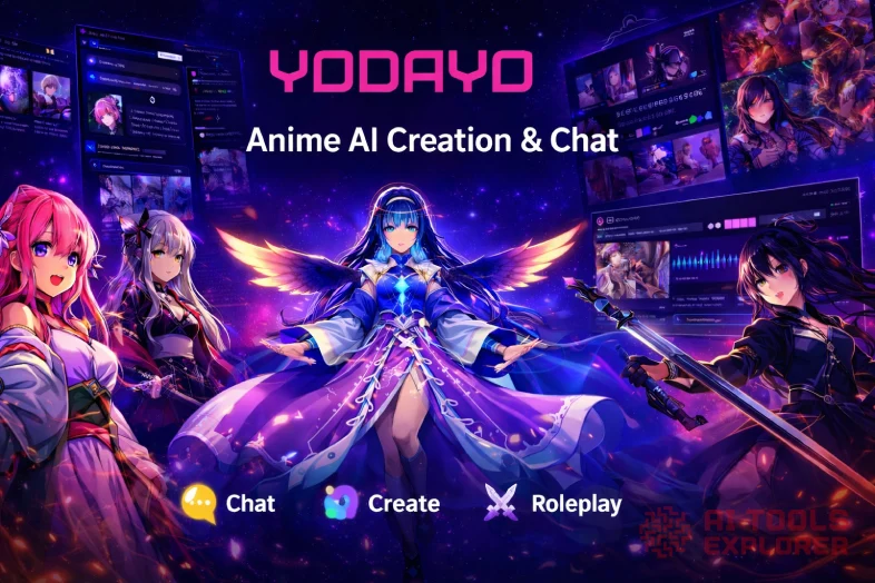 Landscape promotional image for Yodayo Anime AI showing multiple anime-style characters around a dark, high-contrast interface, with the YODAYO logo at the top and the text “Anime AI Creation & Chat,” emphasizing AI-powered chat, creation, and roleplay features.