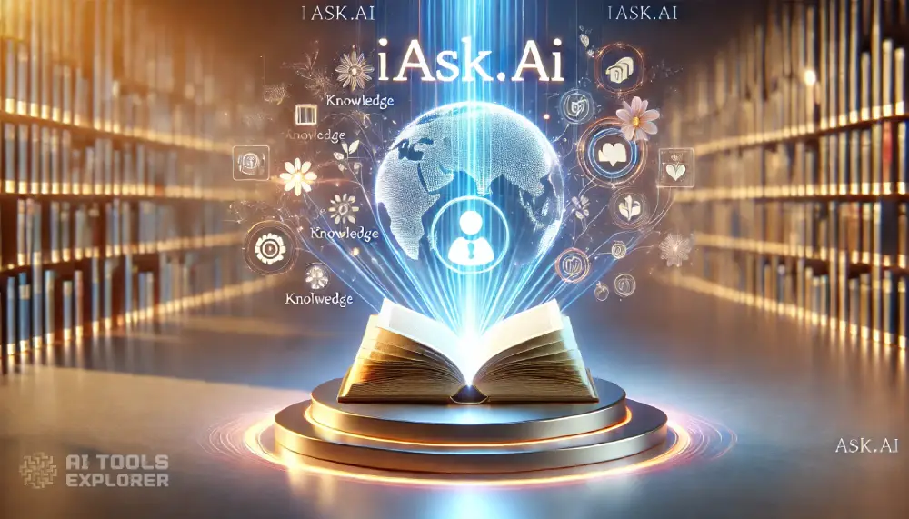 A refined conceptual representation of Ask AI (iask.ai), featuring an open digital book with glowing pages that emit streams of light transforming into holographic icons representing knowledge and inquiry. The book rests on a sleek, futuristic pedestal surrounded by a radiant, minimalist digital library, symbolizing accessibility and clarity. The background showcases an interactive globe and soft gradients, reflecting global inclusivity and a welcoming environment. The atmosphere is polished, modern, and inspiring, emphasizing the empowerment of curiosity and learning.