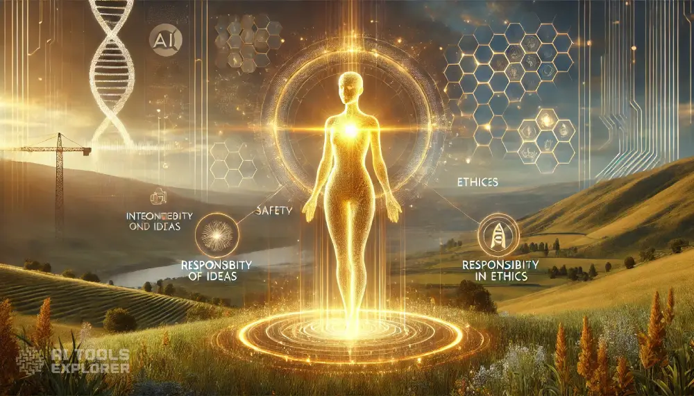 A conceptual representation of Claude by Anthropic, depicted as a radiant and elegant humanoid figure made of golden light, standing in a harmonious environment. The background blends advanced AI technology with natural elements, symbolizing balance and safety in AI. The figure is surrounded by an aura of trust and intelligence, with softly glowing symbols of interconnected ideas, safety, and ethics. The setting is serene, featuring rolling hills, flowing streams of light representing knowledge, and abstract technological structures in the distance. The atmosphere conveys innovation, responsibility, and collaboration.