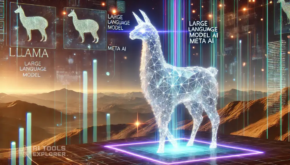 A conceptual representation of LLaMA (Large Language Model Meta AI), depicted as a majestic and futuristic llama standing on a digital plateau. The llama is made of luminous geometric patterns and glowing lines, symbolizing computational power and intelligence. The backdrop is a vast technological landscape with holographic data streams and interconnected nodes, reflecting the open-source and research-oriented nature of the model. The atmosphere is vibrant, blending advanced AI themes with the natural elegance of the llama figure, creating a harmonious balance of innovation and approachability.