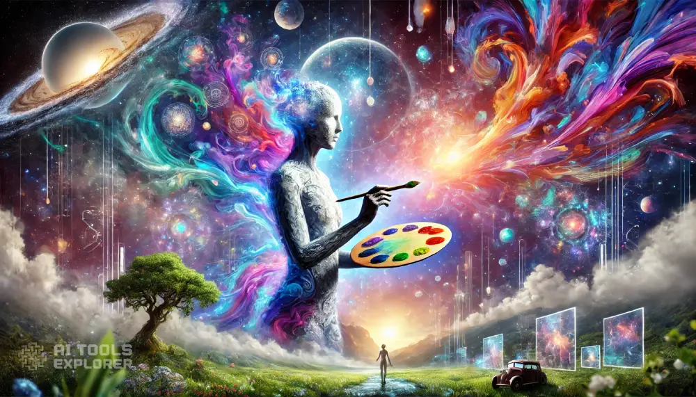 A conceptual representation of MidJourney, visualized as an artistic and dreamlike AI entity creating vibrant, surreal landscapes. The central figure is an ethereal artist composed of light and abstract forms, holding a glowing palette from which colors flow into the scene, painting a fantastical world. The background is a blend of lush nature, cosmic elements, and futuristic cityscapes, showcasing the limitless imagination and creativity of MidJourney. The atmosphere is mystical, vibrant, and transcendent, reflecting a fusion of art and advanced AI technology.