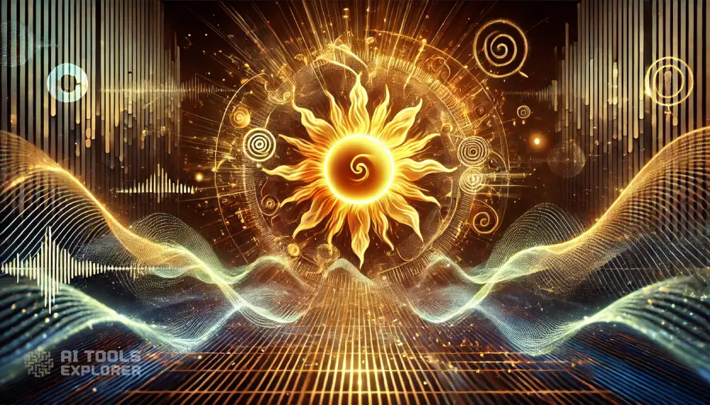 A conceptual representation of Suno AI, depicted as a radiant, solar-inspired AI entity. The central motif is a glowing sun orb surrounded by flowing rays of light transforming into digital waves, symbolizing creativity, communication, and AI-driven audio innovation. The backdrop features a harmonious blend of nature and technology, with abstract sound waves and musical patterns intertwining with futuristic holographic elements. The atmosphere is warm, dynamic, and inspiring, emphasizing Suno AI's focus on creativity and voice technologies.