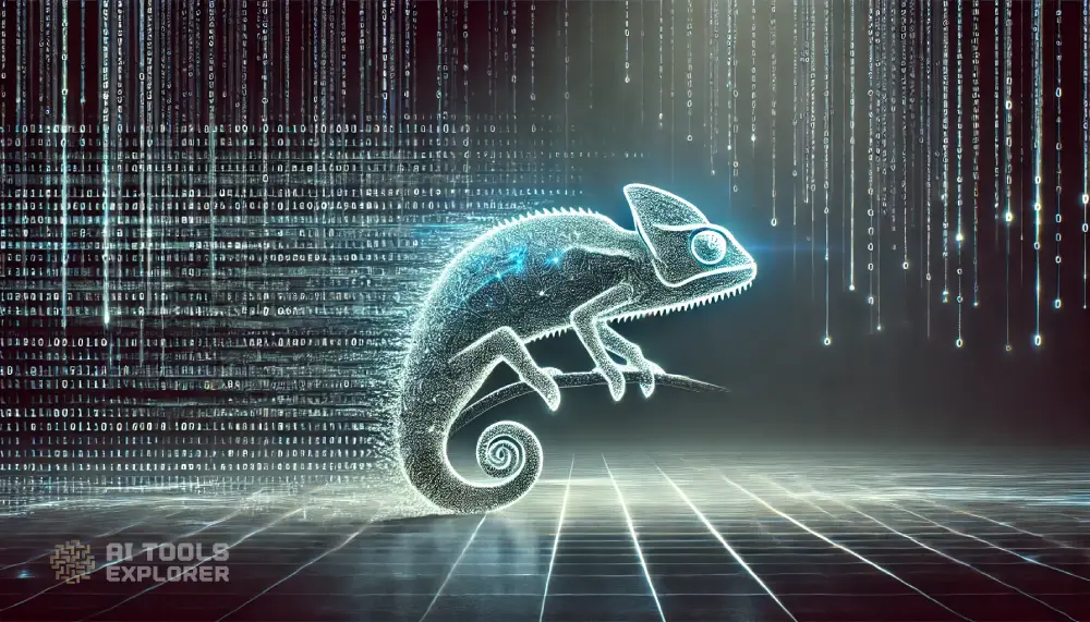 A conceptual representation of Undetectable AI, depicted as a sleek and mysterious digital entity seamlessly blending into its surroundings. The centerpiece is a chameleon-like figure made of glowing binary patterns, symbolizing adaptability and invisibility. The background is a futuristic, minimalist landscape with fading digital trails, representing the seamless masking of AI-generated content. The atmosphere is enigmatic, subtle, and cutting-edge, emphasizing sophistication and stealth in a technological realm.