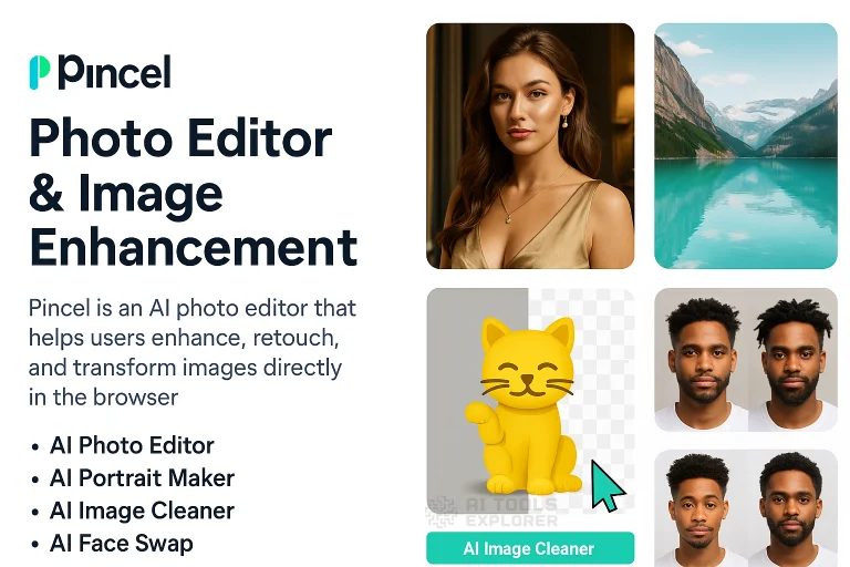 Promotional banner for Pincel, an AI photo editor showcasing features like AI Portrait Maker, Image Cleaner, and Face Swap, with sample images including a professional portrait, landscape, cartoon cat, and face transformation examples.