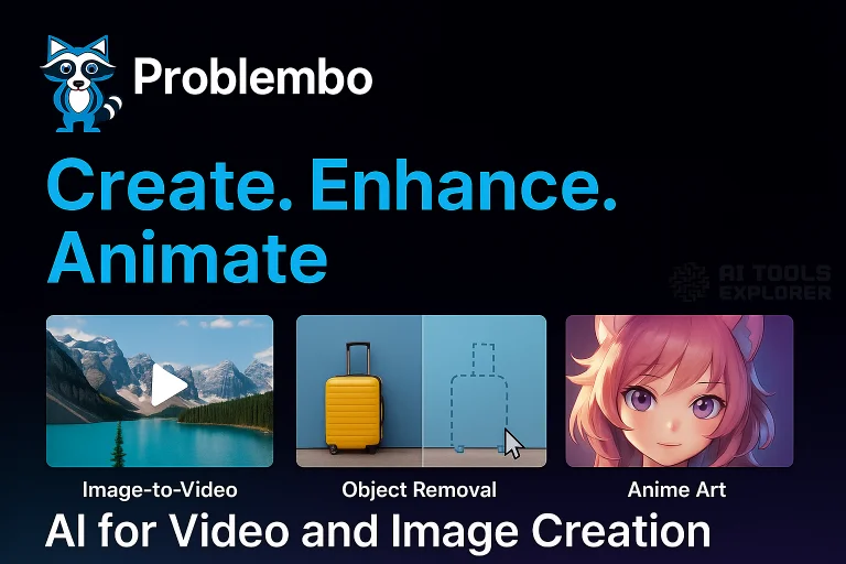 Promotional banner for Problembo featuring its raccoon logo, the tagline "Create. Enhance. Animate," and visual examples of AI-powered tools including Image-to-Video, Object Removal, and Anime Art creation, on a dark gradient background.