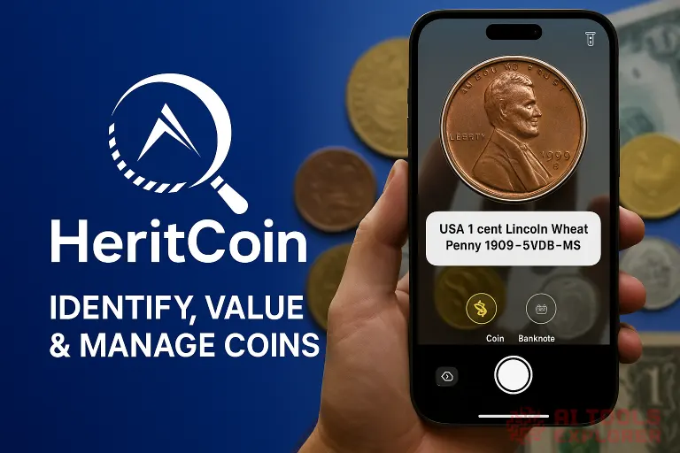 Logo of HeritCoin coin identifier app with the tagline "Identify, Value & Manage Coins" on a blue gradient background. A hand holds a smartphone showing the app identifying a 1909 Lincoln Wheat Penny, with blurred coins and banknotes in the background.