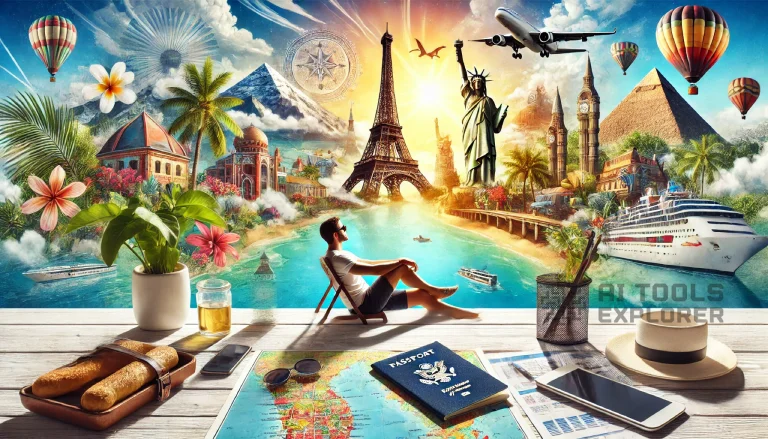 a relaxed traveler sitting at a table with a map, passport, smartphone, and travel itinerary in front of them. In the background, there's a dreamy collage of famous global destinations like the Eiffel Tower, tropical beaches, ancient pyramids, and scenic mountain landscapes.