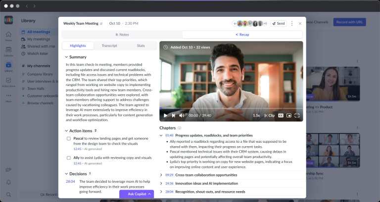 Screenshot of Fellow AI meeting assistant with transcription and AI insights