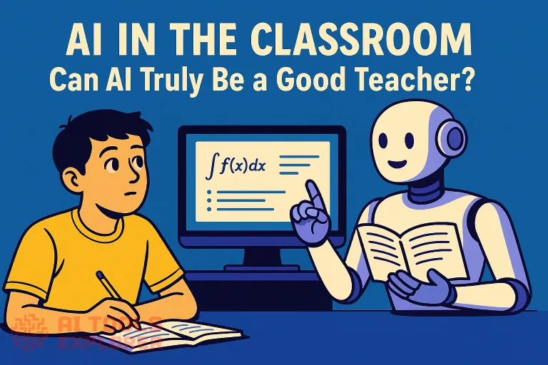 A teenage student in a yellow shirt sits at a desk beside a friendly-looking AI robot, both focused on a screen displaying a math problem, visually exploring the question: can AI be a good teacher?