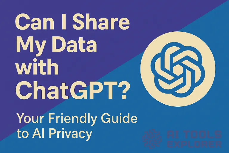 Bold text asks, "Can I Share My Data with ChatGPT?" alongside the ChatGPT logo on a diagonally split purple and blue background, with the subheading "Your Friendly Guide to AI Privacy" in clean, modern typography.