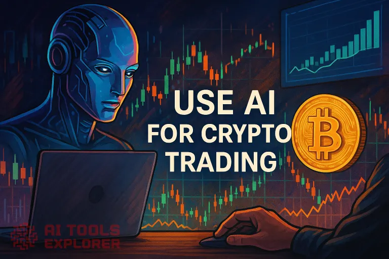 A humanoid AI with glowing eyes analyzes crypto data on a laptop, while a human hand interacts with the device; behind them, colorful financial charts and a large golden Bitcoin symbol highlight the theme of using AI for crypto trading. Bold text reads "USE AI FOR CRYPTO TRADING" against a vibrant blue, orange, and purple background.