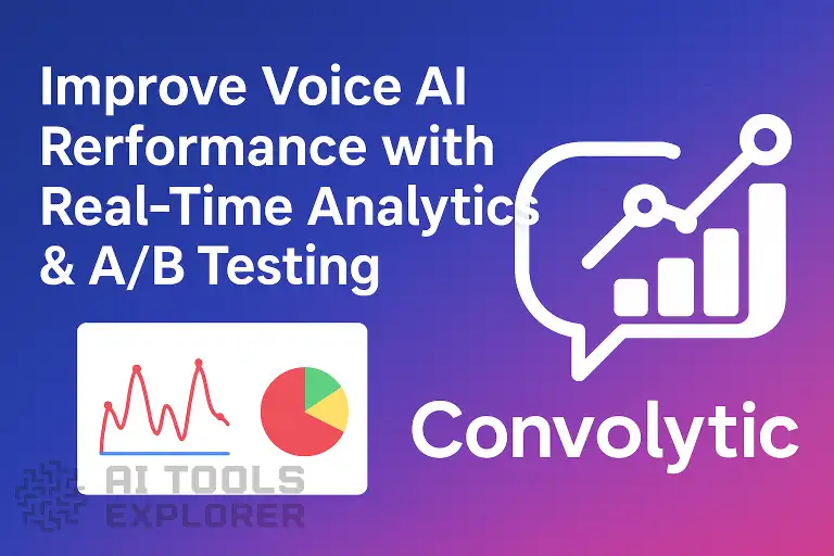 Gradient background in blue and purple with bold text reading “Improve Voice AI Performance with Real-Time Analytics & A/B Testing,” featuring Convolytic logo, line and pie charts symbolizing AI call analytics.