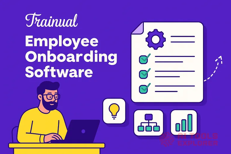 Purple background with Trainual logo and text “Employee Onboarding Software.” A bearded man with glasses in a yellow shirt sits at a yellow desk using a dark purple laptop. A large sheet with three green checkmarks and a gear icon represents tasks and processes. Three square icons show a light bulb for ideas, an org chart for roles and structure, and a bar chart for progress and analytics. An upward arrow connects to the checklist symbolizing growth and training completion.