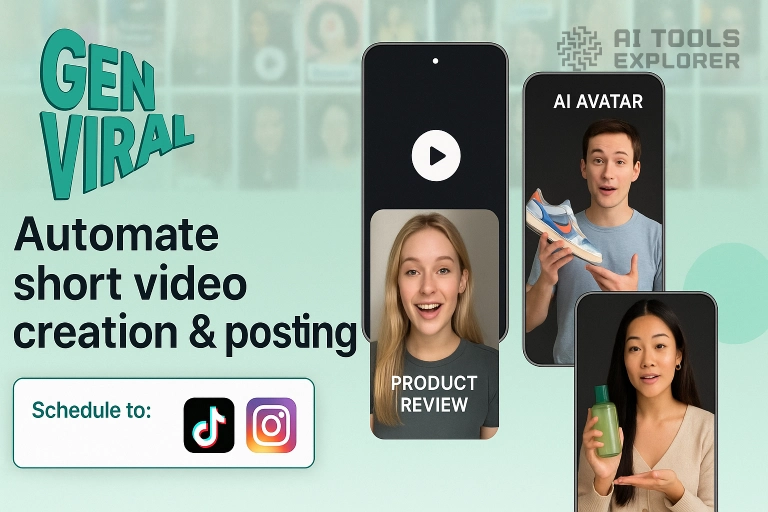 A clean, modern digital graphic with a mint green gradient background featuring the GenViral logo in bold teal text at the top left. The image displays multiple smartphone screens showing diverse people creating UGC-style short videos: a smiling woman holding a green bottle, a man presenting a sneaker, and a woman giving a product review. Below the phones are simple icons representing TikTok and Instagram scheduling and automated posting features. The overall design emphasizes short video AI creation, UGC content generation, and seamless social media integration.