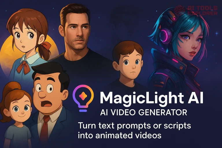 A group of animated characters in various styles—anime schoolgirl, realistic man, cyberpunk woman, cartoon businessman, and children—stand against a cosmic night background with glowing stars. A large yellow-orange sphere glows behind them. On the right, the MagicLight AI logo appears above bold white text reading “MagicLight AI – AI Video Generator” and “Turn text prompts or scripts into animated videos.”
