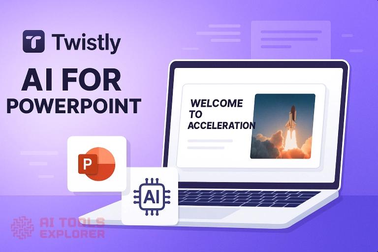Digital illustration with a purple gradient background. Left side features the Twistly logo and bold black text “AI FOR POWERPOINT.” Below are two square icons: one with the red PowerPoint logo, the other showing a microchip with “AI” text. Right side displays an open laptop with a PowerPoint slide on screen, containing the text “WELCOME TO ACCELERATION” and a photo of a rocket launch. Background includes abstract lines and shapes for a modern, tech-forward look.
