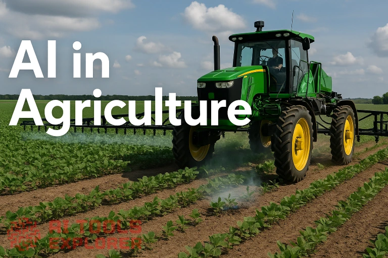 Autonomous AI-powered John Deere sprayer in soybean field applying herbicide with precision technology under blue sky featuring bold text 'AI in Agriculture