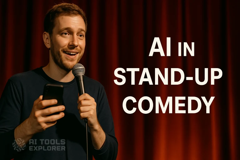 Stand-up comedian using AI-written jokes on stage, holding a microphone and smartphone, performing in front of a red curtain with text 'AI in Stand-Up Comedy'