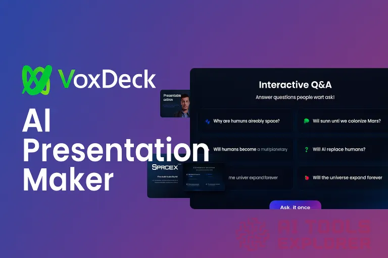 Purple-to-blue gradient background; green and black VoxDeck logo in the top left; large white text on the left reading “AI Presentation Maker”; three floating slide previews on the right—top slide shows "Interactive Q&A" with six dark blue question boxes, some with emoji icons; middle-left slide includes a headshot of a man labeled “Presentable extrion”; bottom-left slide shows a dark SpaceX title card with white and cyan text; gradient “Ask it once” button partially visible at the bottom right.