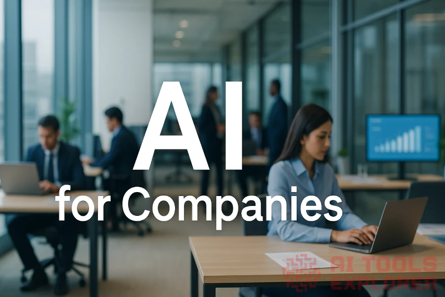 Spacious, landscape corporate office with floor-to-ceiling windows and a city skyline; professionals in suits collaborating at desks with laptops while one presents charts on a large wall display; cool blue/gray palette, glass partitions, potted plants, polished surfaces; bold white title text centered: “AI for Companies.”