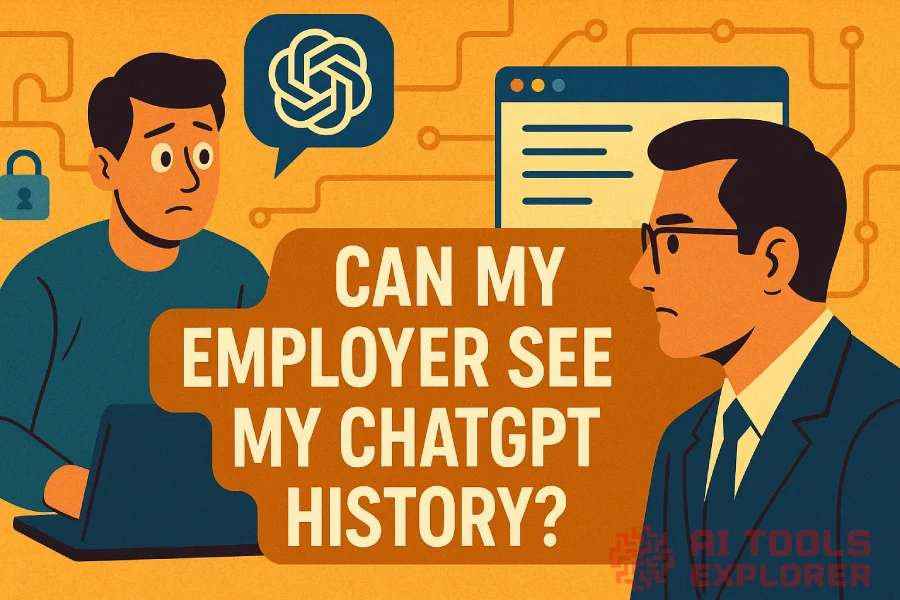 Two men in a stylized office setting: one looks worried while using a laptop with a ChatGPT logo above him, and the other, in a suit and glasses, watches seriously. Digital lines, a padlock icon, and a browser window form the background, with large text reading “Can My Employer See My ChatGPT History?”