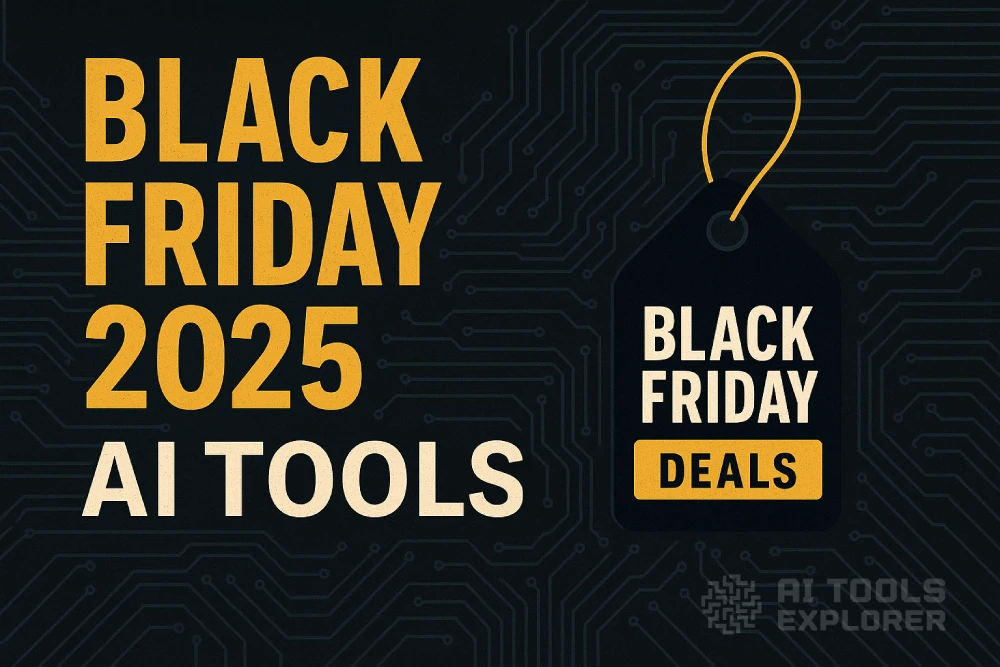 Bold yellow “Black Friday 2025” text on the left over a dark circuit-board style background, with “AI Tools” written below in light beige. On the right side, there is a black price tag graphic outlined with a yellow string, featuring the words “Black Friday” in beige and “Deals” in a yellow box.