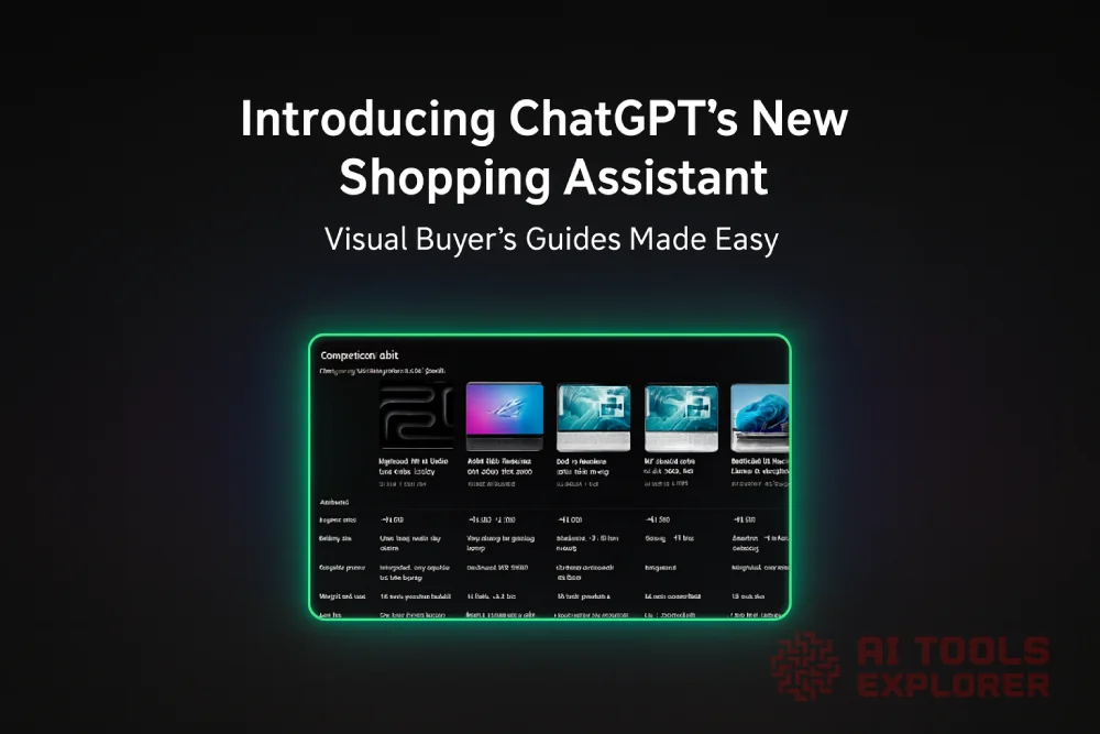 Dark gradient background with centered white headline text reading ‘Introducing ChatGPT’s New Shopping Assistant’ and subheading ‘Visual Buyer’s Guides Made Easy.’ Below the text is a glowing green-outlined ChatGPT shopping research screenshot of a product comparison table featuring five laptop images displayed side by side with prices, specs, and feature rows beneath each. The table sits centered on the page, creating a neon highlight effect against the dark backdrop.
