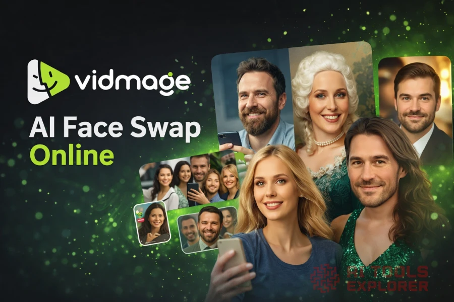 VidMage logo with the text “AI Face Swap Online” on a dark background with green light effects. On the right, overlapping photos show adult men and women with AI face swap results, including different faces on similar bodies, people holding smartphones, and smaller face swap example images.
