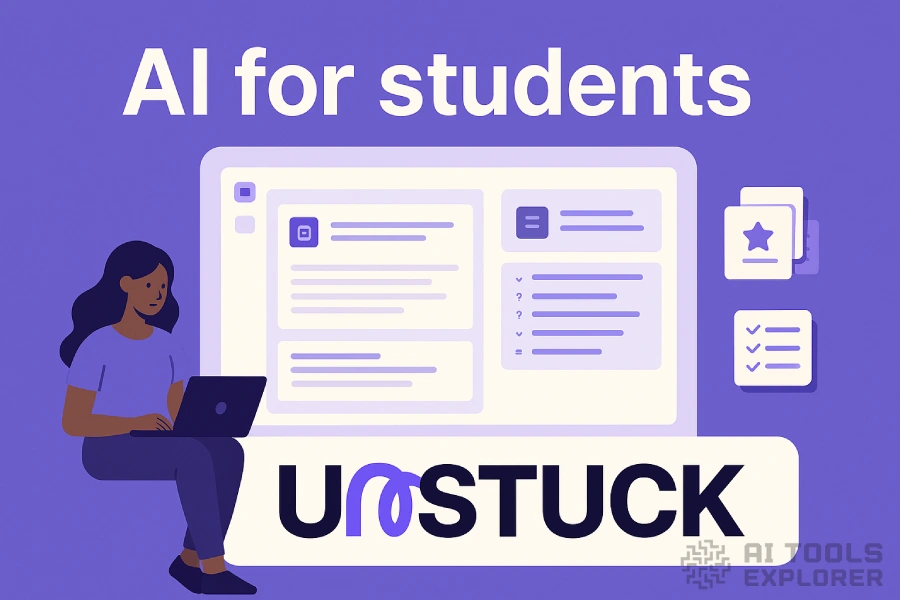 A 2D flat-style illustration showing a student using a laptop next to a large screen displaying simplified study notes and icons. The Unstuck Study logo appears prominently at the bottom, and the phrase “AI for students” is displayed at the top against a purple background.