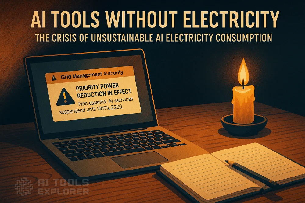 A laptop on a wooden desk displaying a “Priority Power Reduction in Effect” warning from a grid management authority, with non-essential AI services suspended. A lit candle beside the laptop provides warm light, while an open notebook and pen rest on the desk, suggesting analog work during a power shortage. The background is dark with an orange-to-navy gradient. Large headline text reads “AI Tools Without Electricity” with a subtitle about the crisis of unsustainable AI electricity consumption.