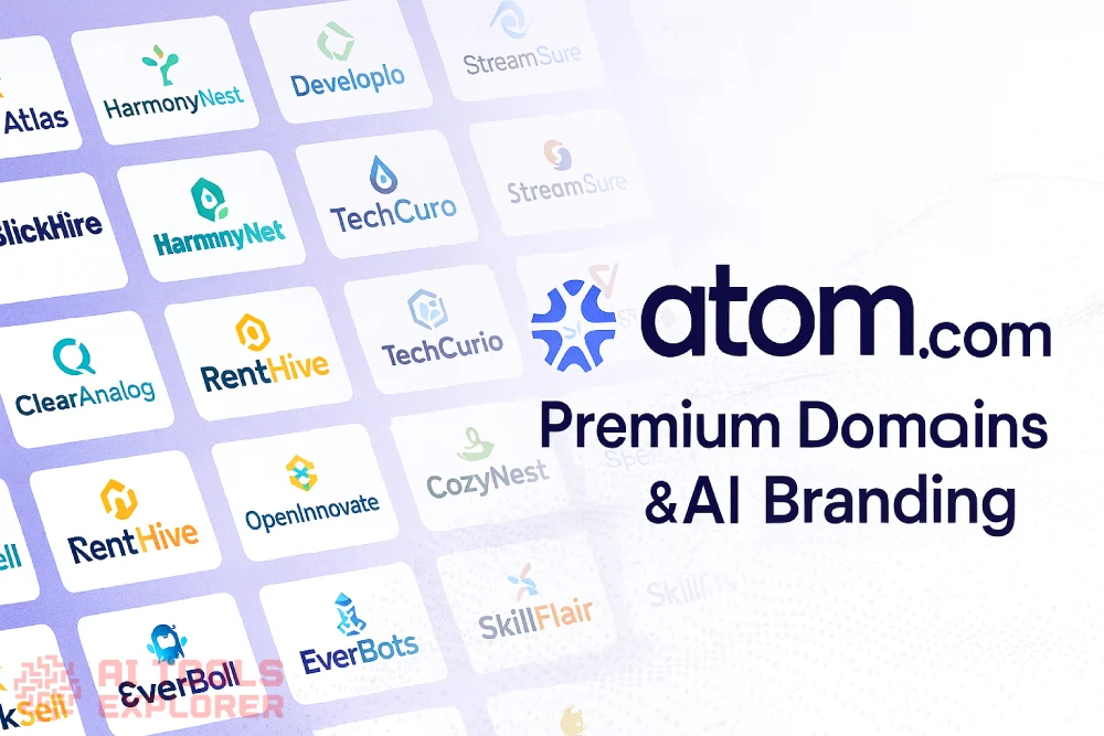 Atom premium domains branding with the Atom logo and the text “Premium Domains & AI Branding” displayed next to a grid of curated, brandable domain name cards on a clean purple gradient background, representing a premium domain marketplace.