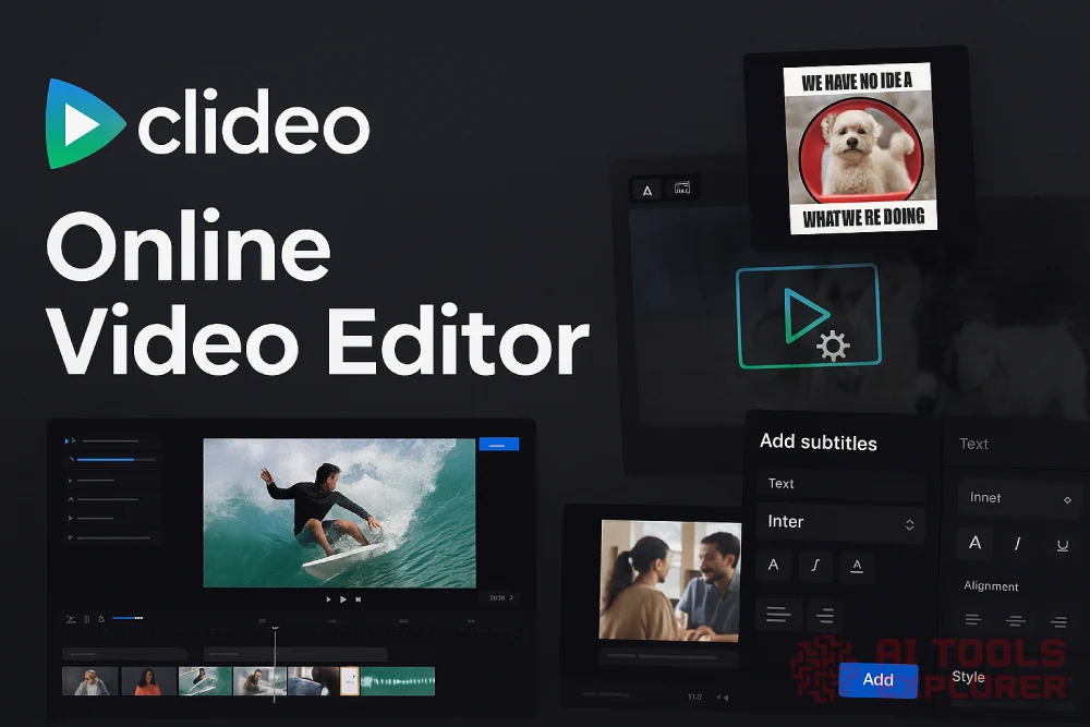 ChatGPT said: A dark background with the Clideo logo and the text “Online Video Editor,” alongside layered screenshots of video editing interfaces showing a surfer video timeline, subtitle editing controls, a video settings icon, and a meme-style video thumbnail.