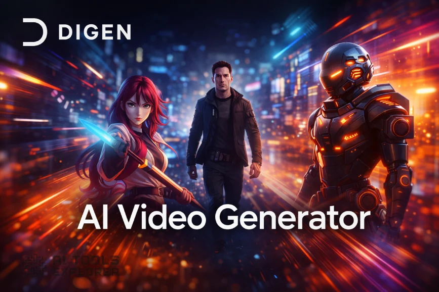 Futuristic neon city with anime, realistic, and robotic characters representing AI video generation, with Digen AI logo and “AI Video Generator” text.