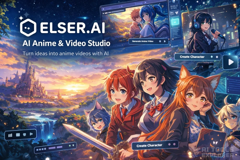 A group of six anime-style characters stand in the foreground against a glowing sunset sky with a large castle and river in the background. The characters include a red-haired girl in a red school uniform with a sword, a black-haired girl in a blue and red school uniform, a girl with long orange hair and fox ears holding a glowing tablet, a blue-haired cat-eared character with a black outfit, a blonde-haired character in a blue cloak, and a dark-haired girl with green eyes wearing a headset and holding a microphone. Surrounding them are floating futuristic UI elements including buttons labeled “Create Character” and “Generate Anime Video,” sliders, icons, and control bars. The Elser.AI logo is displayed in the upper left, with text reading “AI Anime & Video Studio” and “Turn ideas into anime videos with AI.” The color palette features vivid blues, oranges, and purples, blending a fantasy and sci-fi aesthetic.