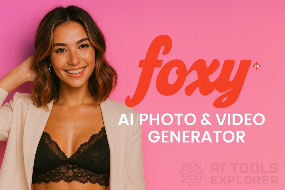 A smiling woman stands against a bright pink gradient background. She has shoulder-length wavy brown hair and is wearing a cream-colored blazer over a black lace bralette. Her left hand is lifted to touch her hair. On the right side of the image, the red “foxy™” logo appears prominently, with white text below it that reads “AI PHOTO & VIDEO GENERATOR.”