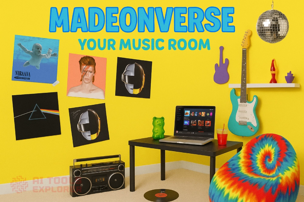 Colorful music-themed room with album covers taped to a yellow wall, a desk with a laptop playing music, a guitar, boombox, disco ball, and the text ‘Madeonverse – Your music room’.