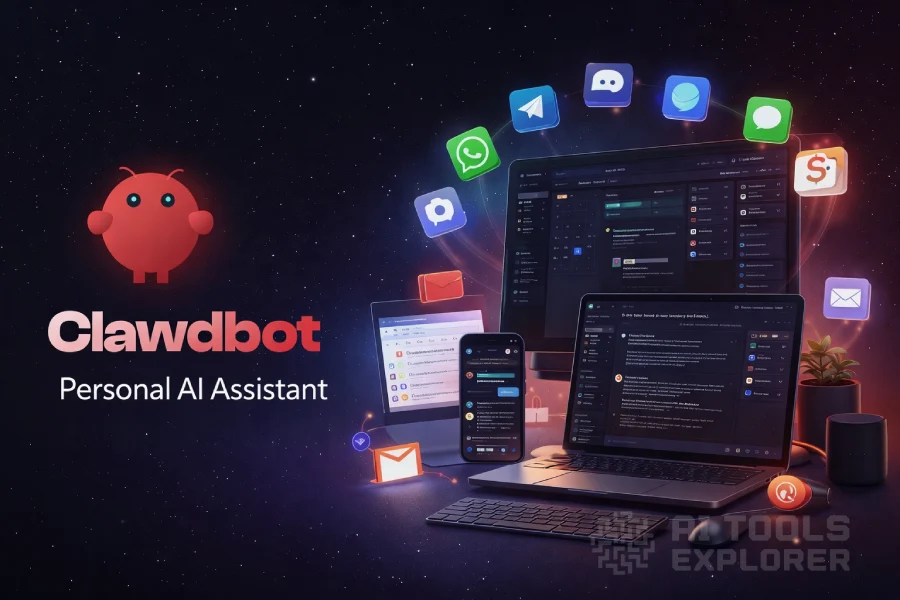 Clawdbot Personal AI Assistant promotional image showing Clawdbot logo and character alongside multiple devices and messaging app icons on a starry background