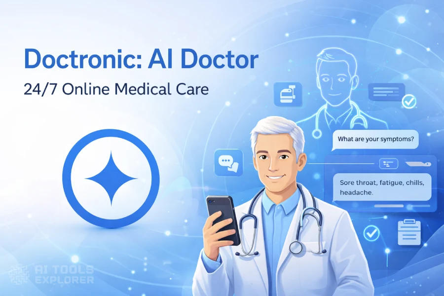 A white-haired male doctor wearing a white coat and stethoscope holds a smartphone and smiles. Behind him is a glowing blue outline of the same doctor, representing an AI version. Speech bubbles show a conversation: “What are your symptoms?” and “Sore throat, fatigue, chills, headache.” The background features a soft blue gradient with medical icons, including a pill bottle, chat bubble, checkmark, and clipboard. On the left side, the Doctronic logo is displayed prominently, and above it, text reads “Doctronic: AI Doctor” and “24/7 Online Medical Care.”