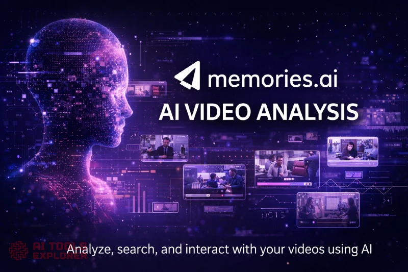 Featured image showing the Memories.ai logo and the text “AI Video Analysis” over a futuristic digital illustration of a human head made of data points, surrounded by video thumbnails and visual analytics elements representing AI-powered video understanding.