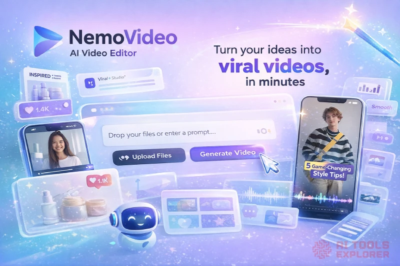 Featured image showing the NemoVideo AI Video Editor brand with a blue-to-purple gradient background, the NemoVideo logo, and short headline text about turning ideas into viral videos. The image includes stylized UI elements such as video frames, captions, charts, and mobile screens representing short-form video creation, automation, and social media editing.